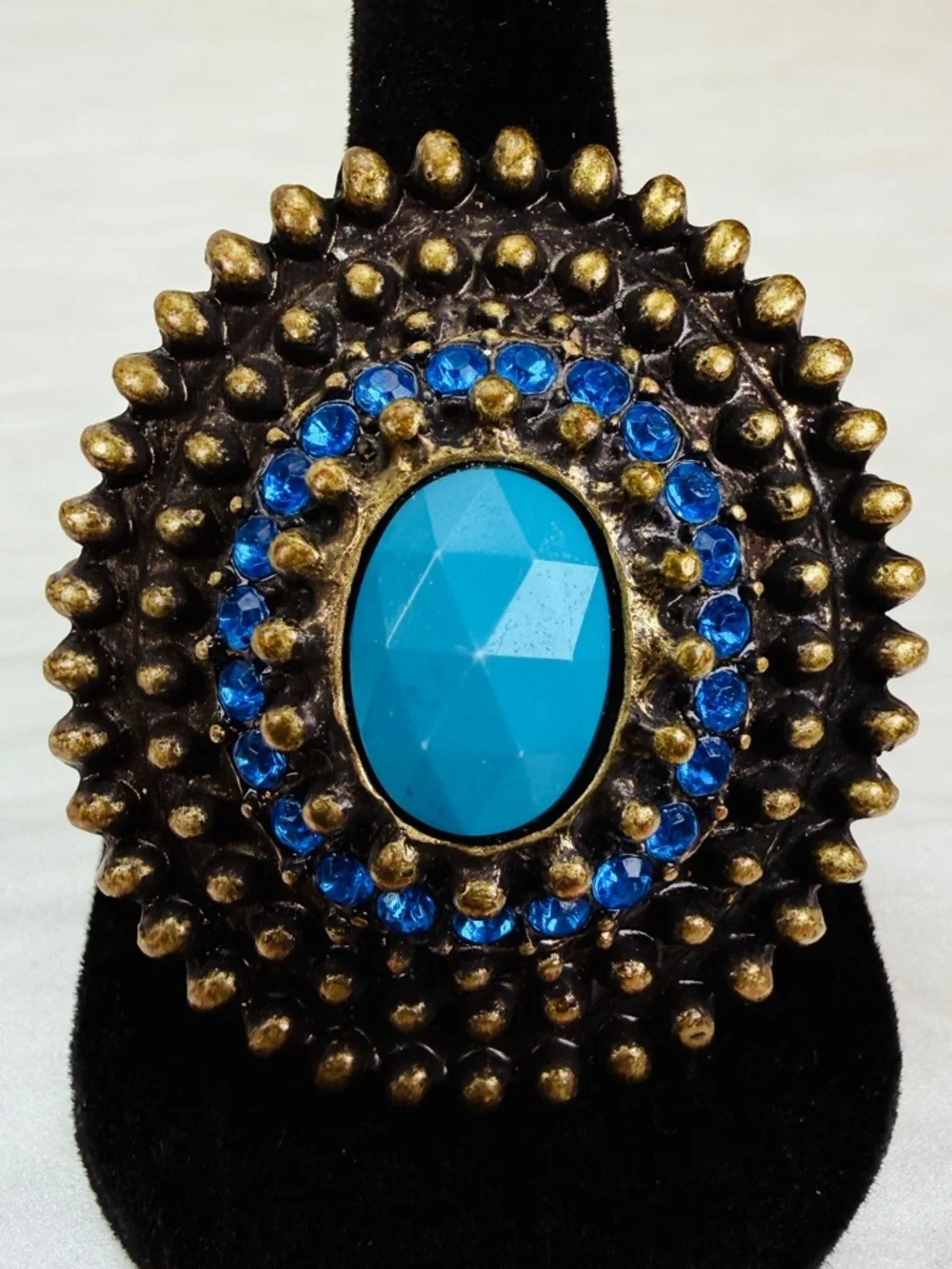 Pretty bohemian chic, blue bling, large statement, 5 1/2 adjustable ring